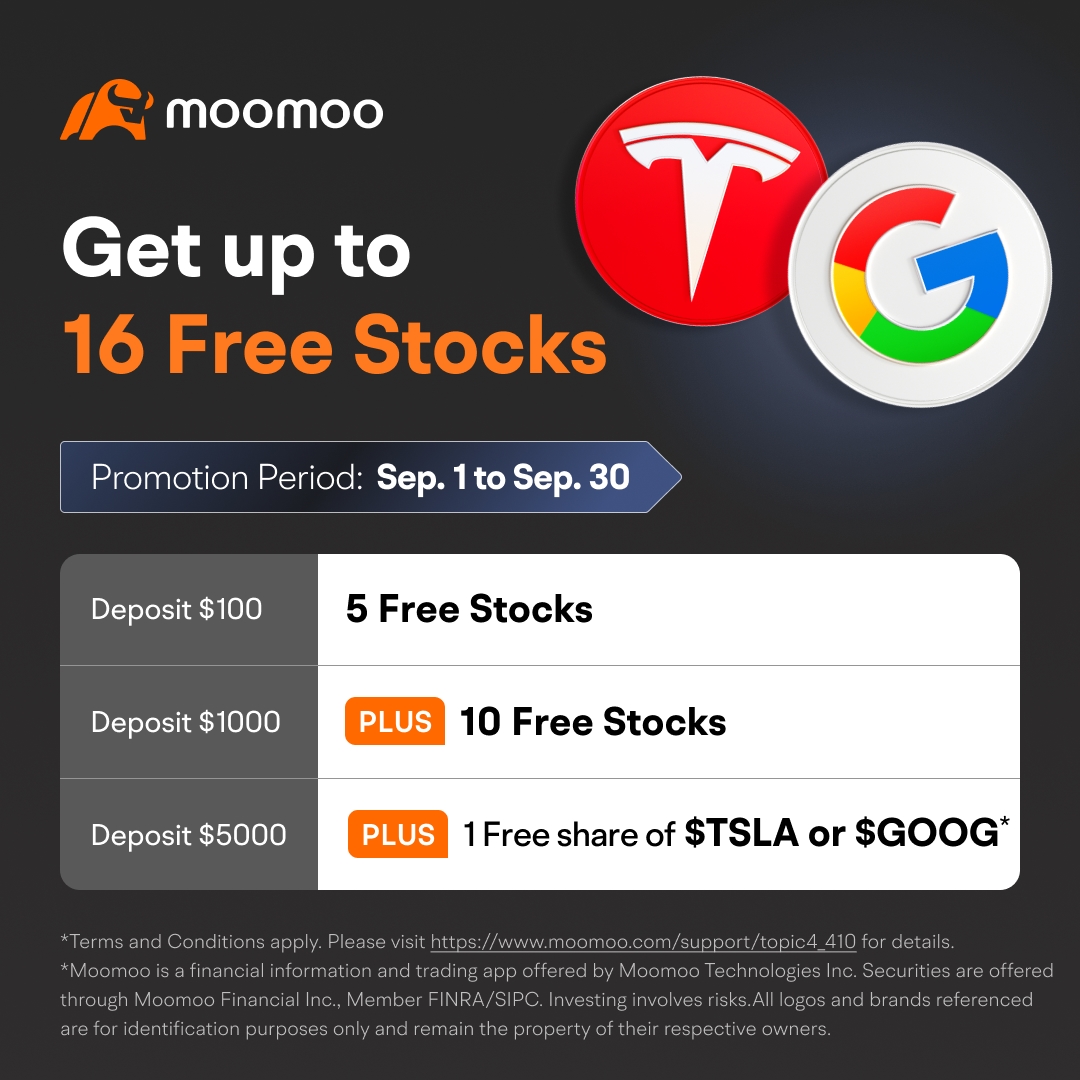 走我邀请链接注册Moomoo，存$5000抽15支股票+1股特斯拉或谷歌